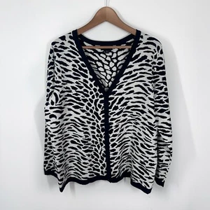 Dialogue Womens Zebra Print Cardigan Sweater 1X Navy Blue White V Neck T4 - Picture 1 of 6
