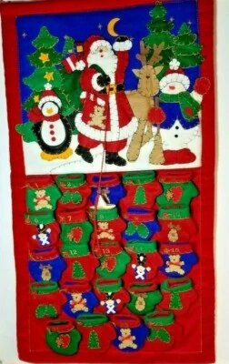 Embroidered Velvet Santa Reindeer Penguin Stocking Advent Calendar Wall Hanging  - Image 1 of 4