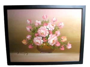 Pintura al óleo vintage enmarcada ROSA ROSA. Firmado - Imagen 1 de 10
