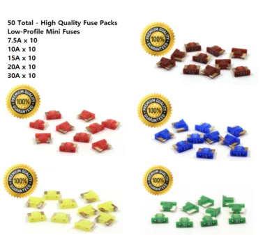 Premium 50 Pack Low Profile Mini Fuses: 10 Each of 7.5A, 10A, 15A, 20A, 30A - Image 1 of 4