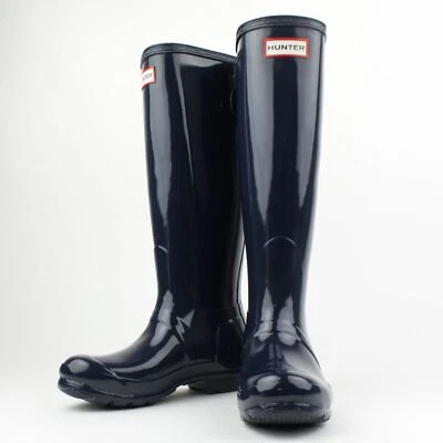 Women Hunter Original Tall Gloss Rain Boots Navy Waterproof Knee High Boots NEW - Image 1 of 3