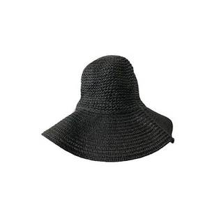 Women’s Paper Straw Sun Hat Black Bucket Wide Brim Adult One Size - Picture 1 of 8