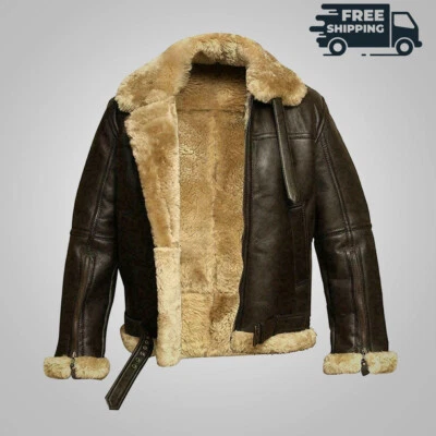 Jaqueta de couro original masculina aviador B3 Shearling bombardeiro voador pele de carneiro RAF - Imagem 1 de 4