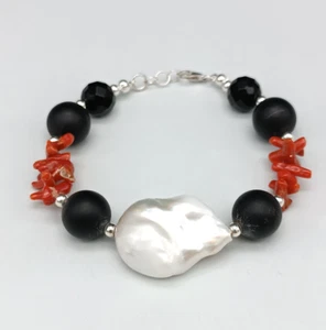 Pulsera Mujer Vero Coral Rojo Grande Perla Akoya Ónix Negro Plata 925 - Imagen 1 de 8