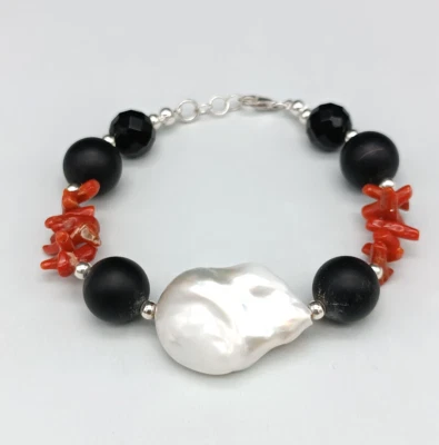 Pulsera Mujer Vero Coral Rojo Grande Perla Akoya Ónix Negro Plata 925 - Imagen 1 de 4