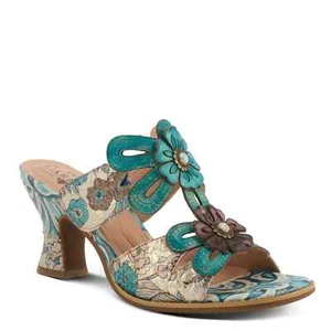L'ARTISTE ALANIA HAND PAINTED TURQUOISE FLORAL LEATHER SLIDE SANDAL EU 38 US 8 - Picture 1 of 6
