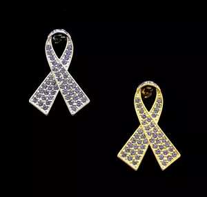 BROCHE DE CONCIENCIACIÓN SOBRE EL CÁNCER DE ESTÓMAGO CON ARCO DE CINTA DE CRISTAL PERIWINKLE - Imagen 1 de 7