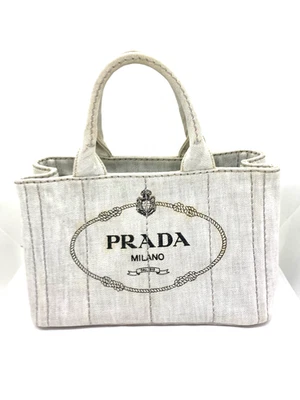 б/у PRADA Канапа белый джинсовой ткани сумка с короткими ручками треугольник логотип Дамская сумка 28235 - Изображение 1 из 4