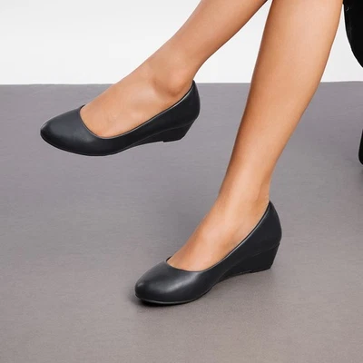 Zapatos de salón de mujer con cuñas bajas tacón punta redonda oficina trabajo negocios vestido zapatos de salón Foto 1 de 4