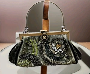 Vintage Leko London Green Beaded Sequined Floral Clutch Bag Handbag - Picture 1 of 8