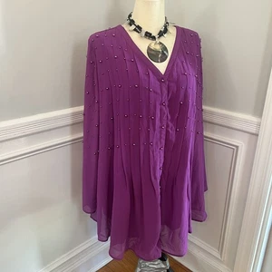 Roaman’s Womens Tunic Top 2X 3X 26W Purple Chiffon Pearls V-neck Boho NWOT - Picture 1 of 7