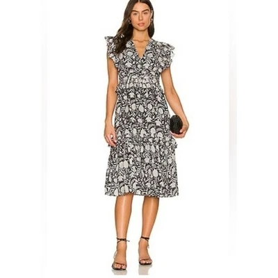 Vestido Cleobella Floral Midi Manga Volantes Cuello en V Negro Blanco Boho Foto 1 de 4