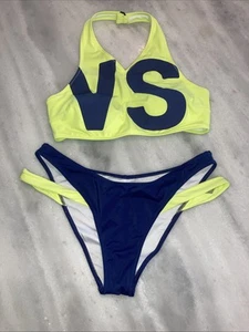 Victoria's Secret Swim Women’s M 2 PC Bikini Top Bottom Neon Yellow/Navy Blue 🦋 - Picture 1 of 8