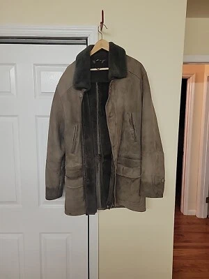 Sheepskin Suede Shearling Hooded Vintage Heavy Coat Jacket size 50 USA - Image 1 of 4