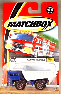 2000 Matchbox #95 Build It EARTH MOVER Blue-Gray w/MCAT Spokes  Fire Truck Card - Image 1 of 4