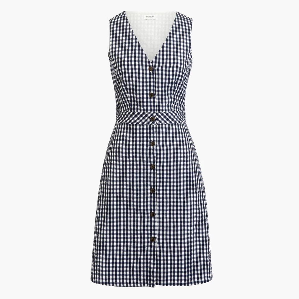 J.Crew Size 4 Navy Blue Gingham Plaid Check V-Neck Tank Sun Dress L6979