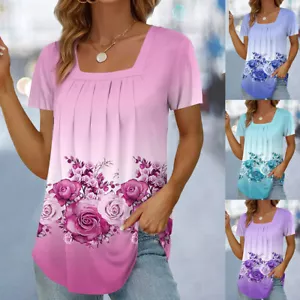 Womens Floral Printed Tunic Tops Ladies Short Sleeve Casual Loose T Shirt Blouse - Picture 1 of 14