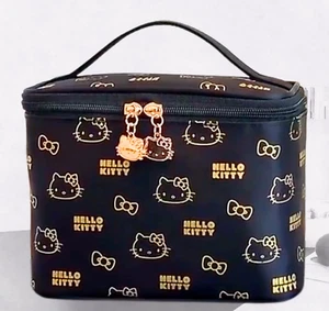 Sanrio Hello Kitty Black & Gold Makeup Bag Gold Face Ladies Cosmetic Train Case - Picture 1 of 16