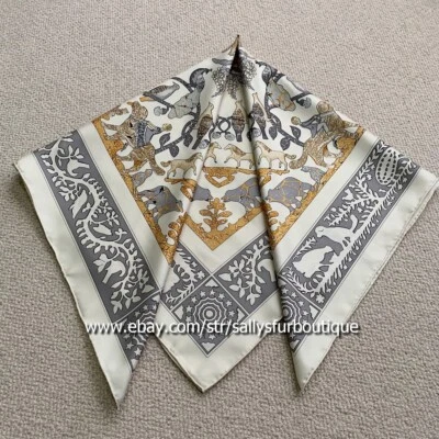 Pura Sarga Seda ~18 Momme ~ Envolvente Bufanda Estola Pájaros Vintage Estampado Mantón 35" Gris Foto 1 de 4