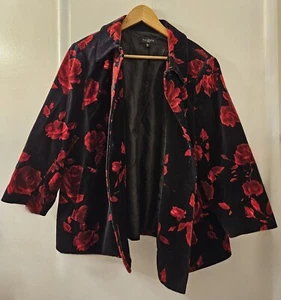 Talbots Woman 18 W Black Velvet Jacket Blazer Red Roses Floral Career Lined - Picture 1 of 9
