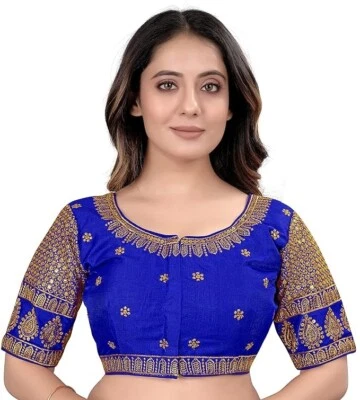 Blusa de mujer india confeccionada azul sari arte seda bordado choli camisa talla 38 Foto 1 de 4