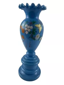 Bristol Blue Glass Opaque Hand Painted Butterfly Daisies 10 3/4” - Picture 1 of 8