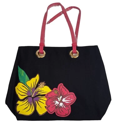 Bolso de Mano Avon Tropical Appliqué Floral Hibisco Negro Rosa Amarillo Nuevo con Etiquetas Foto 1 de 4