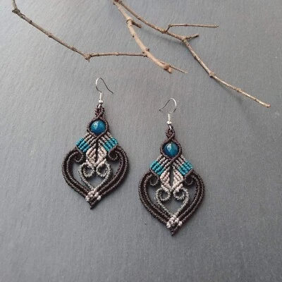 Makramee Macramee Ohrringe, earrings,  Aquamarin Achat,  - Bild 1 von 4