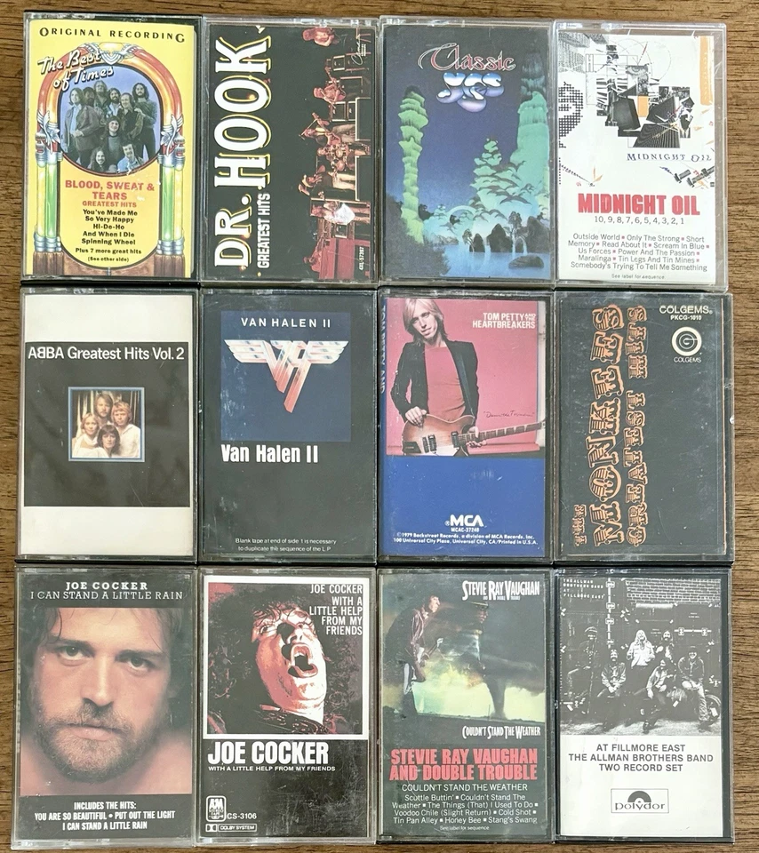 Lot Of 12 Classic Rock Cassettes, Used, Allman Brothers, Joe Cocker, Van Halen,  Foto 1 de 1