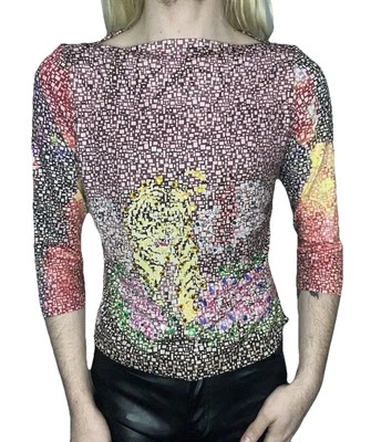 Blusa de strass em mosaico de tigre Y2k única  - Imagem 1 de 4