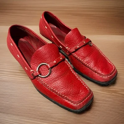 Vtg 90s Franco Sarto Red Leather Square Toe Flats Loafers Luxury Old Money 7M - Image 1 of 4