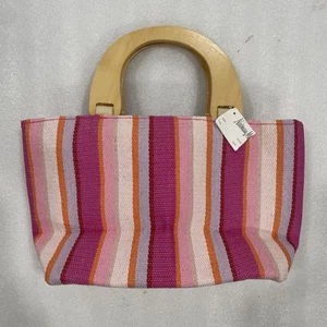 Neiman Marcus Pink Striped Straw Tote Bag with Wooden Handles New With Tags 13X7 - Imagen 1 de 11