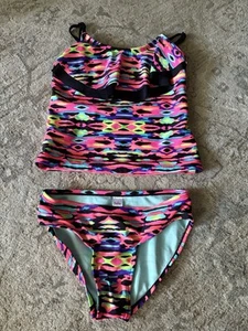 Girls Justice Sz 8 Two Piece Tankini Swimsuit Halter Top Bright Pattern EUC - Picture 1 of 8