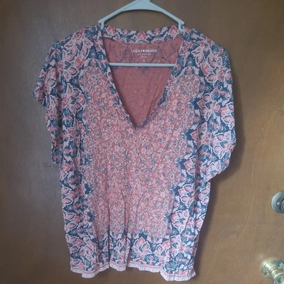 Lucky Brand Boho Geometric Pink Blue Top Shirt Blouse SS Flutter Size Large - Image 1 of 4