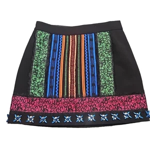 Nanette Lepore Women’s Black Mini Skirt Size 2 Beaded Neon Ribbon Lined Boho - Picture 1 of 8