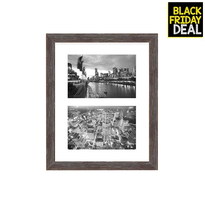 8x10 Distressed Coffee Wooden Collage Frame White Mat for Two 4x6 Photo/Picture - Image 1 of 4