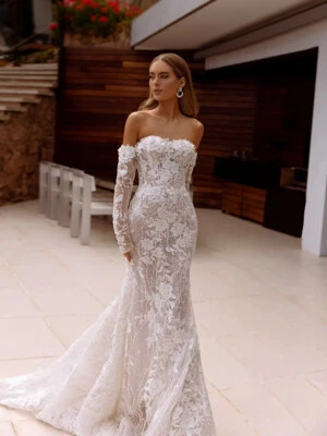Off The Shoulder Wedding Dress Sparkly Appliques Pearl Bridal Gown Mermaid Bride - Image 1 of 4