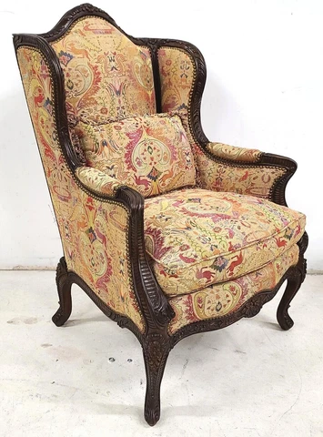 Carved Walnut French Wingback Library Reading Chair by E J VICTOR Cover