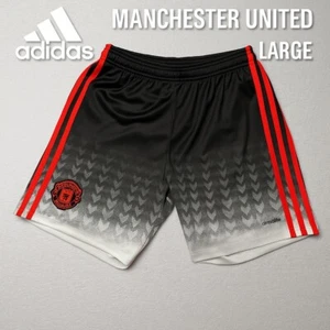 Adidas Manchester United Youth Shny Soccer Shorts L Black Red Climalite Kids L - Picture 1 of 9