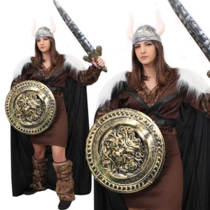 WOMENS VIKING COSTUME WITH SILVER ACCESSORIES MEDIEVAL WARRIOR FANCY DRESS - Picture 1 of 17