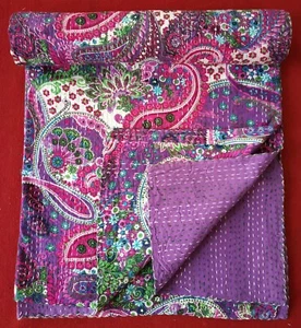 Vintage Purple Print Cotton Hippie Quilted Reversible Bedding Quilt - Picture 1 of 5