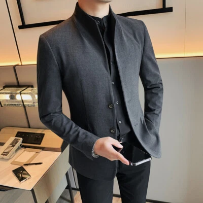 Spring Mens Suit Jacket Fashion Stand Up Collar Suit Casual Single Suit Coat Top - Image 1 of 4