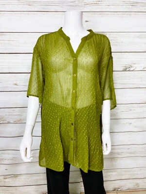 Maggie Barnes Womens Blouse Size 2X Green Sheer Button Up Pleated Stretch Top — 第 1/4 张图片