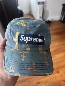 Supreme Cross 5 Panel Box hat Logo Spell Out Camp Cap Leather Strapback Blue S13 - Picture 1 of 3