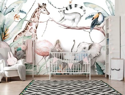 Baby boy WALLPAPER mural painted animals nursery 144x100inch giant photo mural - Image 1 of 4