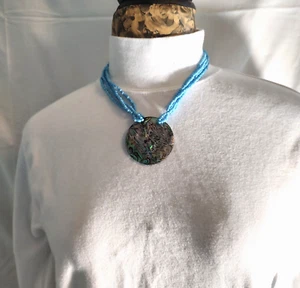 Handcrafted Artisan shell pendant on turquoise-colored beaded  Necklace - Picture 1 of 2