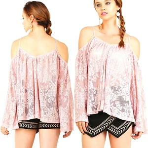 Umgee Top Size M Pink Floral Fairy Cold Shoulder Lace Cottage Tunic Womens Shirt - Picture 1 of 5