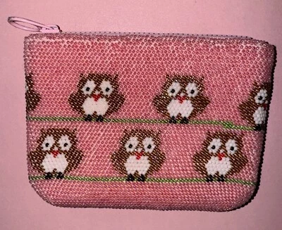 Búho con cuentas, monedero forrado floral, cremallera cerrada, cremallera rosa YKK, vintage Foto 1 de 4