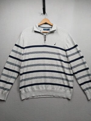 Nautica NAVTECH Sweater Mens Large Gray Pullover 1/4 Zip Mock Neck Blue Stripes - Image 1 of 4