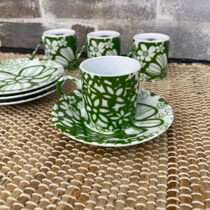 New Four sets - Demitasse Espresso Cups and Saucers Green & White Floral  - Picture 1 of 10